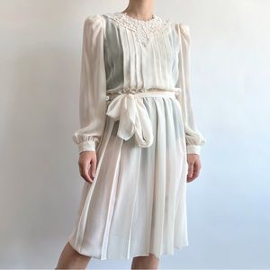 Vintage 80s fully sheer puff sleeve Victorian style midi dress with lace collar